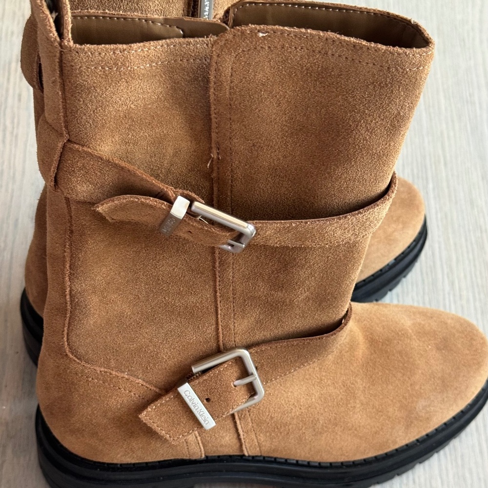 Calvin Klein Galivan Mid-Calf Suede Buckle Boots - Medium Natural Brown